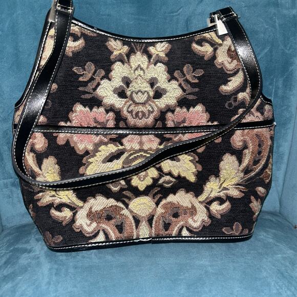 Marlo Tapestry HANDBAG & MAKE-UP purse Satchel Yellow Orange pink FLOWERS - Picture 2 of 6